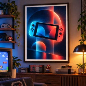 K&ouml;nnte beinhalten: Ein gerahmter Wandkunstdruck, der eine tragbare Spielkonsole mit einem blauen linken Controller und einem roten rechten Controller zeigt, vor einem dunklen Hintergrund mit leuchtenden blauen und roten Kreiseffekten und vertikalen Lichtstrahlen.