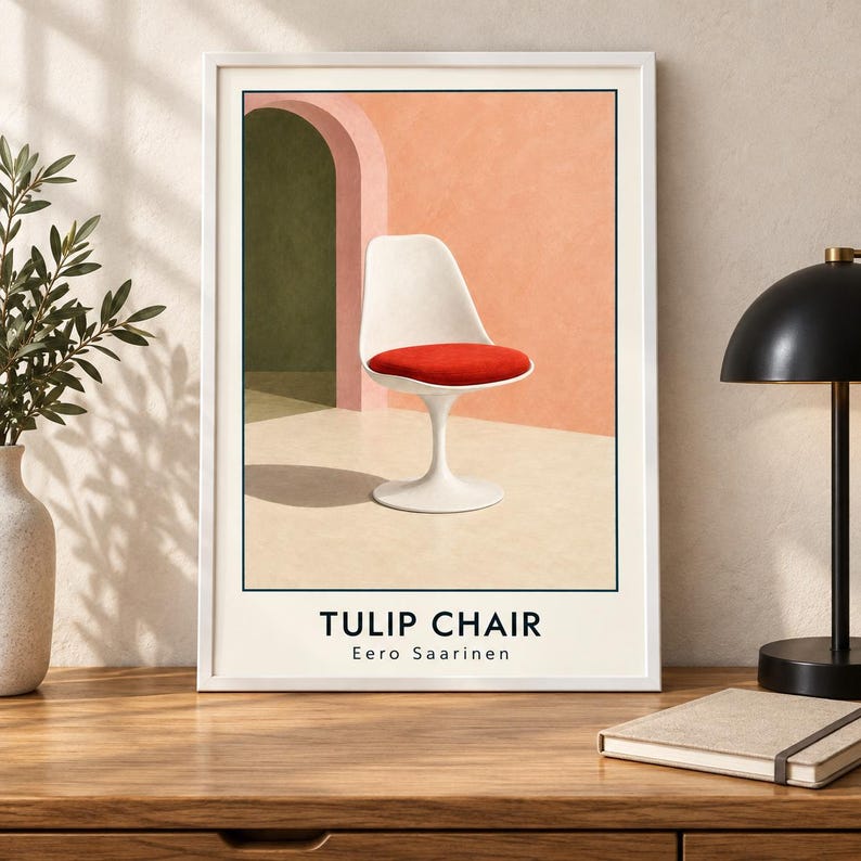 May include: A framed wall art print featuring a white Tulip chair with a red seat cushion set against a peach and dark green arched background. The text TULIP CHAIR and Eero Saarinen is printed in black at the bottom of the white-bordered poster.