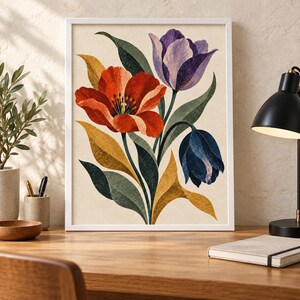 May include: A framed wall art print featuring a botanical illustration of three tulips in red, purple, and dark blue. The flowers are accompanied by long, textured leaves in shades of green and golden yellow, all set against a light cream background.
