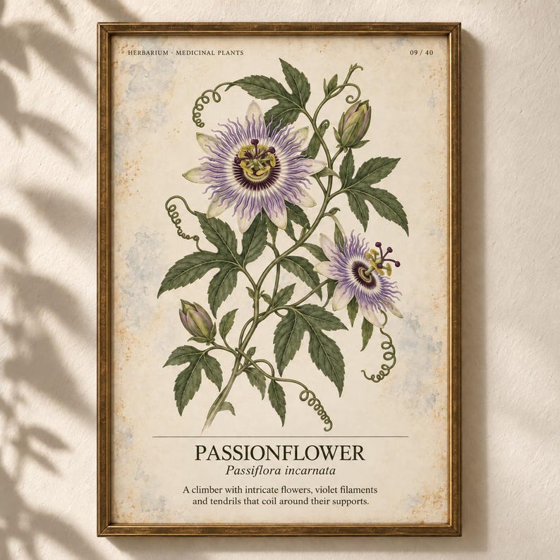 May include: A framed botanical print featuring a detailed illustration of a passionflower with purple filaments, green leaves, and coiled tendrils. The text reads HERBARIUM MEDICINAL PLANTS 09/40, PASSIONFLOWER, Passiflora incarnata, and a description.