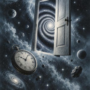 May include: A poster featuring a floating wooden door opening into a swirling galaxy, a vintage pocket watch with Roman numerals, and scattered asteroids in deep space. The text at the bottom reads The Twilight Zone and the year 1959.