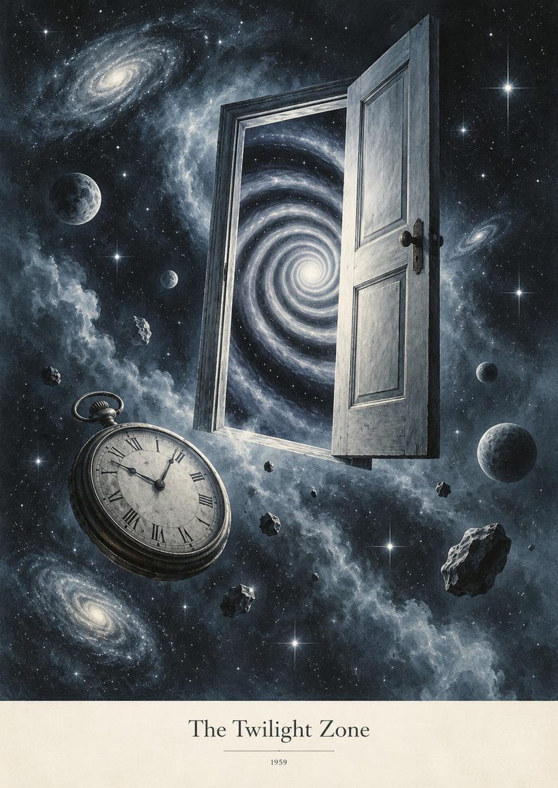 May include: A poster featuring a floating wooden door opening into a swirling galaxy, a vintage pocket watch with Roman numerals, and scattered asteroids in deep space. The text at the bottom reads The Twilight Zone and the year 1959.