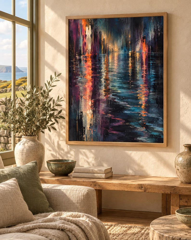 Op de afbeelding: Een rechthoekig wandkunstwerk in een lichthouten lijst met een abstract schilderij met verticale streken in diepblauw, paars en levendig oranje. De compositie toont lichtreflecties op een donker oppervlak met textuur.