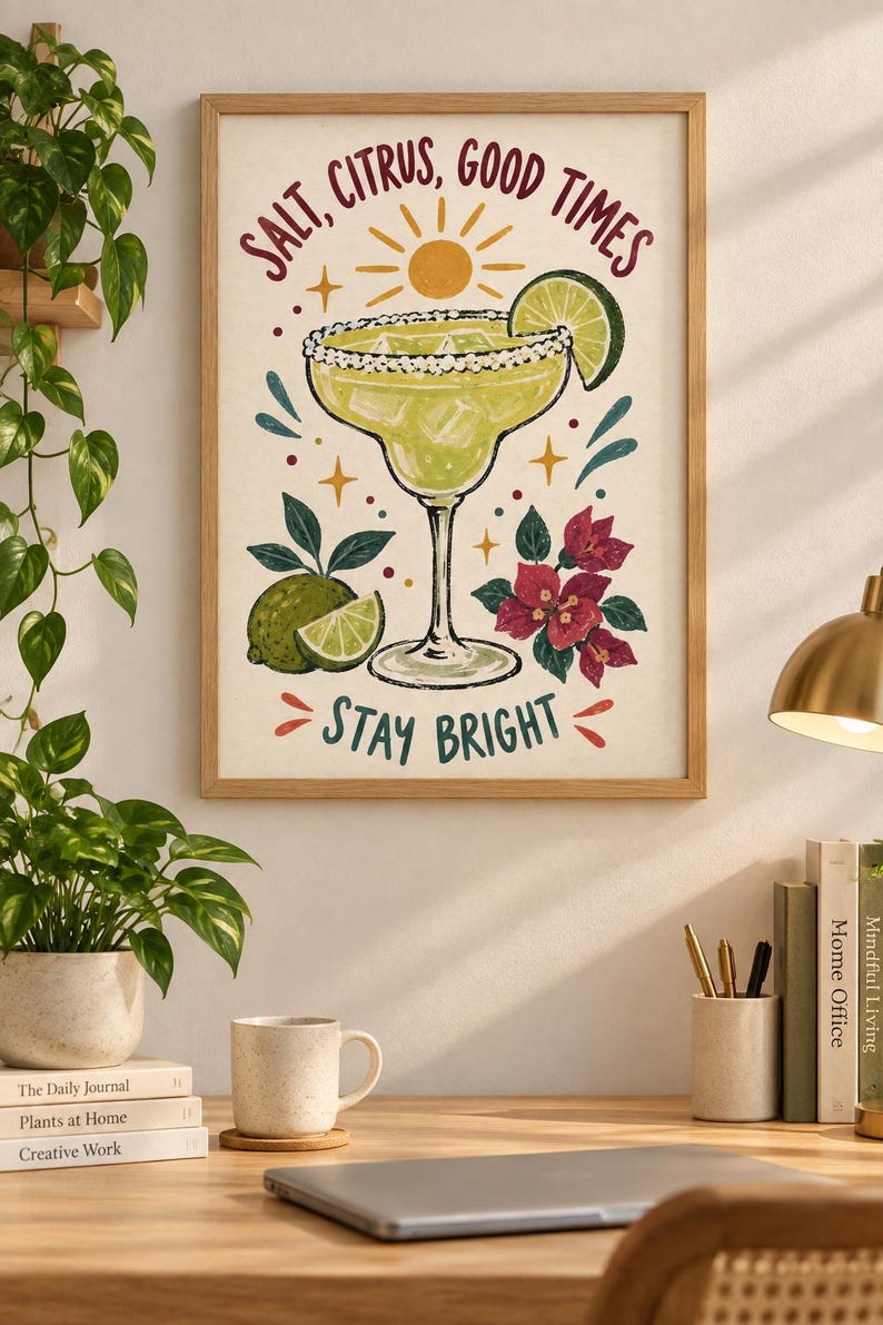 May include: A framed wall art print featuring a margarita in a glass with a lime wedge, ice cubes, and salt rim. The text reads SALT, CITRUS, GOOD TIMES and STAY BRIGHT. The illustration includes a yellow sun, green limes, and pink flowers.