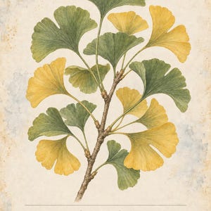 Pu&ograve; includere: Una stampa botanica raffigurante un ramo di ginkgo biloba con foglie a ventaglio in tonalit&agrave; verdi e gialle. Il testo riporta HERBARIUM MEDICINAL PLANTS 32 / 40, GINKGO, Ginkgo biloba e A tree with fan-shaped leaves, green in summer and golden in autumn.
