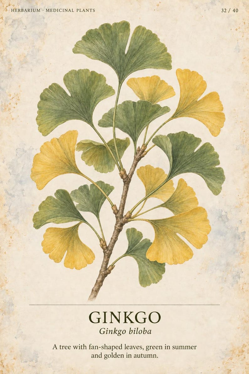 Pu&ograve; includere: Una stampa botanica raffigurante un ramo di ginkgo biloba con foglie a ventaglio in tonalit&agrave; verdi e gialle. Il testo riporta HERBARIUM MEDICINAL PLANTS 32 / 40, GINKGO, Ginkgo biloba e A tree with fan-shaped leaves, green in summer and golden in autumn.