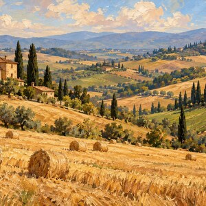 May include: An oil painting of a golden wheat field with scattered hay bales in the foreground. The landscape features stone farmhouses, rows of tall dark green cypress trees, and olive groves set against rolling hills under a blue sky.