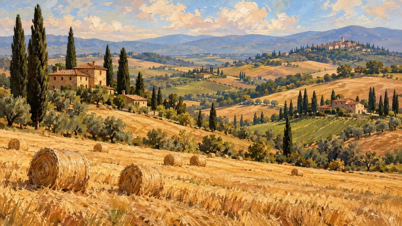 May include: An oil painting of a golden wheat field with scattered hay bales in the foreground. The landscape features stone farmhouses, rows of tall dark green cypress trees, and olive groves set against rolling hills under a blue sky.