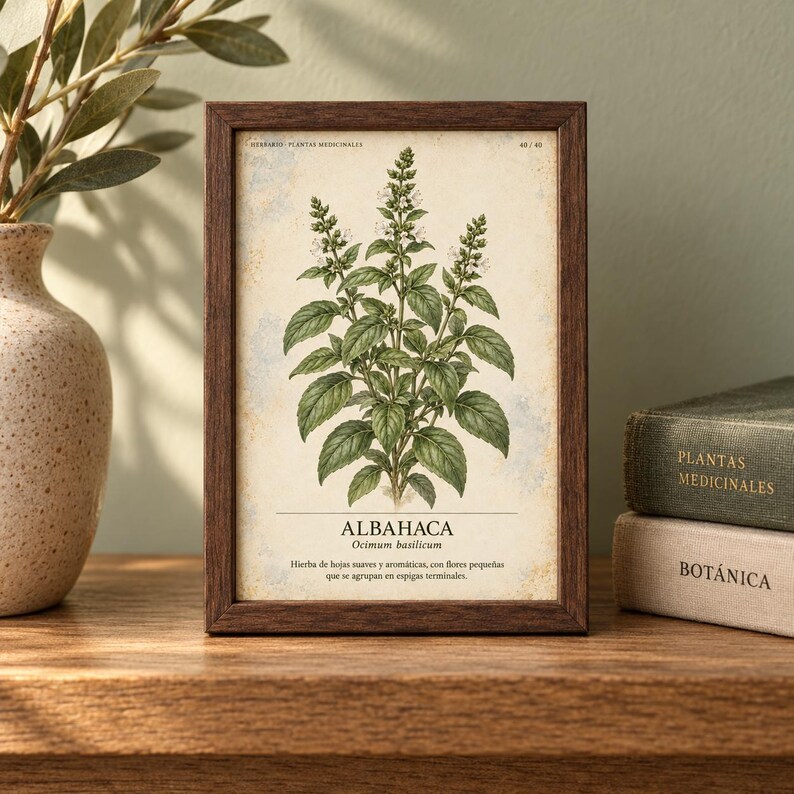 May include: A rectangular dark wood frame containing a botanical print of a basil plant with green leaves and small flowers. The print features the text ALBAHACA, Ocimum basilicum, and a descriptive paragraph in Spanish on a cream-colored background.