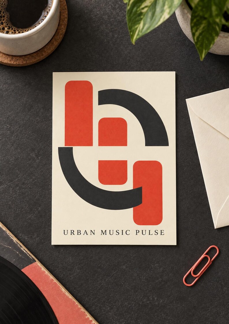 May include: A rectangular card featuring a cream background with a bold graphic design of interlocking red and black geometric shapes. The text "URBAN MUSIC PULSE" is printed in a simple black sans-serif font at the bottom of the card.