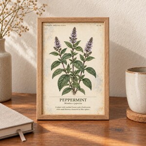Op de afbeelding: Een ingelijste botanische print met een gedetailleerde illustratie van een pepermuntplant met groene bladeren en lila bloemaren. De tekst luidt PEPPERMINT, Mentha x piperita, en een beschrijving van de plant op een cr&egrave;mekleurige achtergrond.