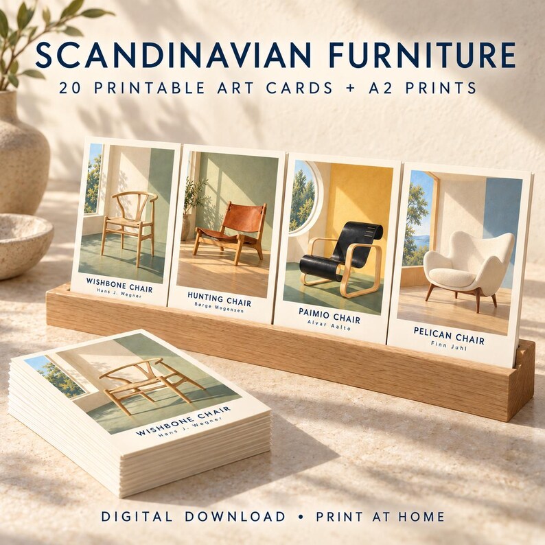Op de afbeelding: Een set van 20 printbare kunstkaarten met Scandinavische meubelontwerpen, waaronder de Wishbone, Hunting, Paimio en Pelican stoelen. De kaarten staan in een houten standaard met tekstlabels die elke stoel en ontwerper identificeren.