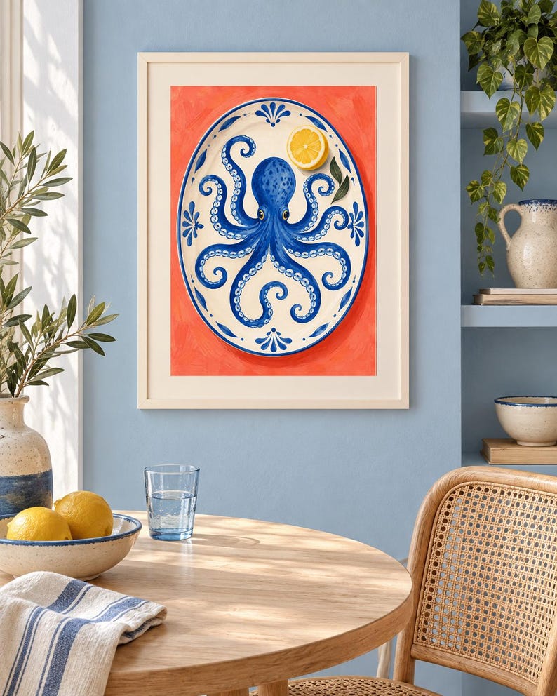 May include: A framed wall art print featuring an oval white platter with a blue octopus illustration and a yellow lemon slice, set against a vibrant orange background. The artwork is displayed in a light-coloured wooden frame on a blue wall.