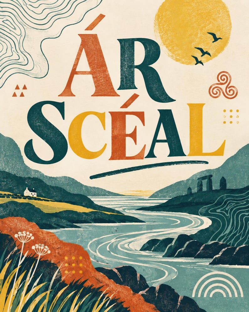 May include: A graphic art print featuring the text &Aacute;R SC&Eacute;AL in large, bold, multi-colored letters. The illustration depicts a winding river flowing through a landscape with green hills, a small white house, stone pillars, and a yellow sun.