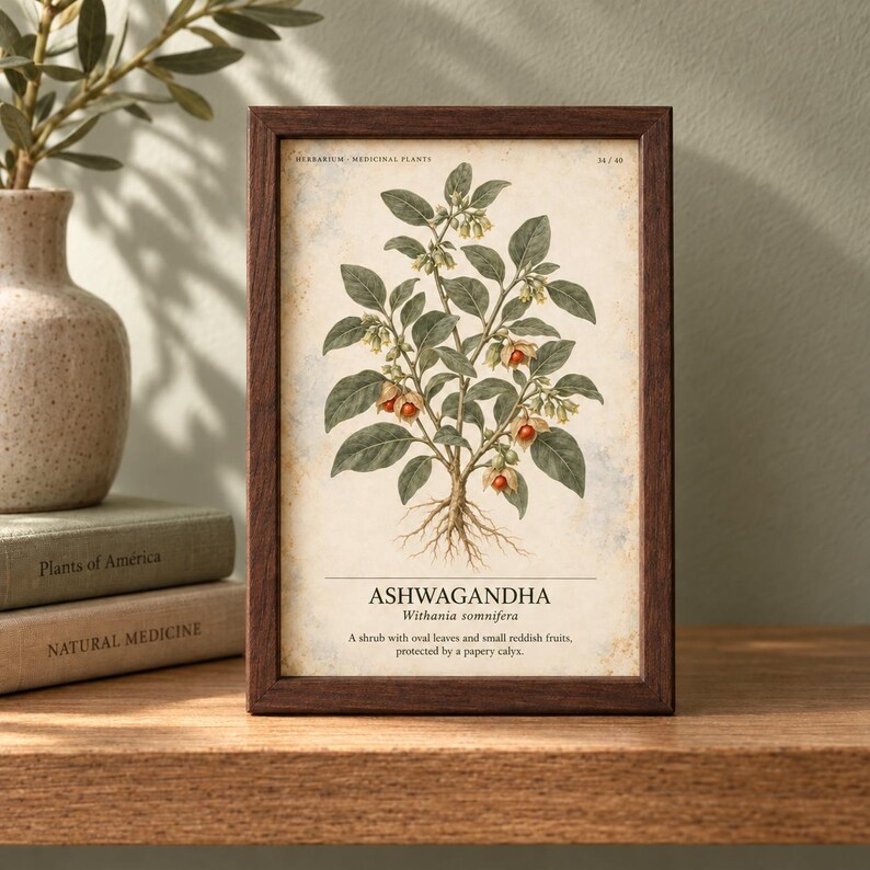 May include: A framed botanical print of an Ashwagandha plant with green leaves, small reddish fruits, and visible roots. The text reads: HERBARIUM - MEDICINAL PLANTS, ASHWAGANDHA, Withania somnifera, A shrub with oval leaves and small reddish fruits, protected by a papery calyx.