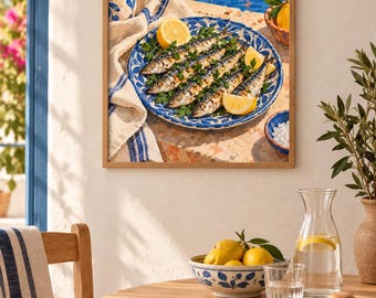 Portuguese Sardines Kitchen Wall Art, Coastal Fish Still Life, Blue Ceramic Plate, A3 Printable Digital Download