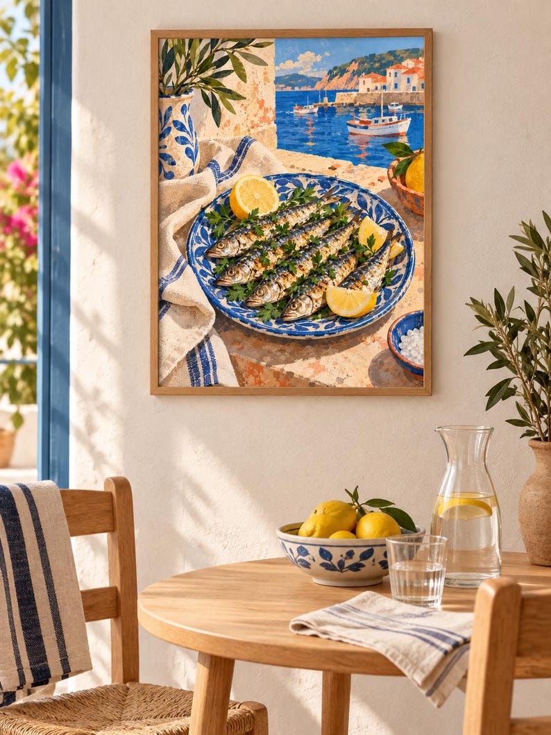 May include: A framed wall art print depicting a Mediterranean scene with a blue and white patterned plate of grilled sardines garnished with parsley and lemon wedges, set against a coastal harbour background with boats and white buildings.