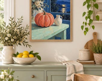 Coral Pumpkin Moon Wall Art, Autumn Still Life Painting, A3 Printable Digital Download