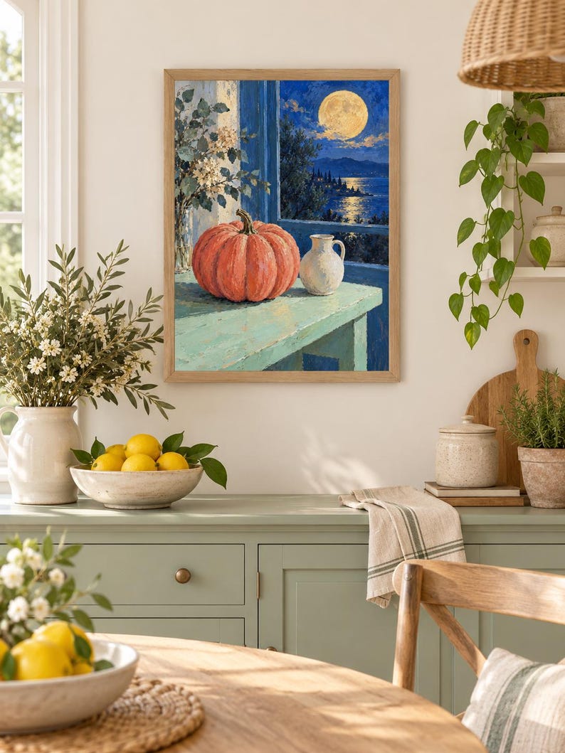 Pode incluir: Uma impress&atilde;o de arte de parede emoldurada retratando uma ab&oacute;bora laranja vibrante e um pequeno jarro branco sobre uma mesa azul-clara. A cena &eacute; definida contra uma janela com vista para um c&eacute;u noturno azul-escuro, uma lua cheia e o litoral.