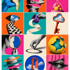May include: A grid of twelve surrealist collage panels featuring a melting clock, a sliced face, an hourglass with yellow spheres, a checkered staircase leading to an eye, a purple cup pouring a ribbon, a key with a sky cutout, a mirror, a hand drawing a circle, a cracked globe, a head with rings, a floating door, and an eye peering through paper.