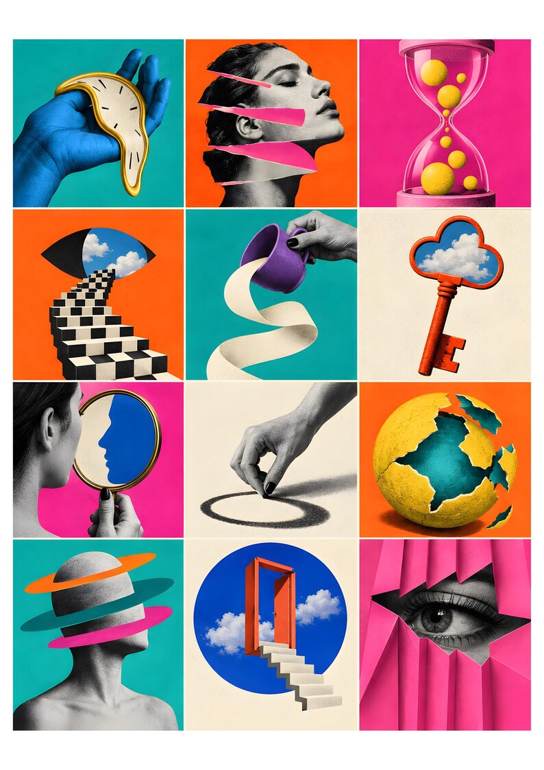 May include: A grid of twelve surrealist collage panels featuring a melting clock, a sliced face, an hourglass with yellow spheres, a checkered staircase leading to an eye, a purple cup pouring a ribbon, a key with a sky cutout, a mirror, a hand drawing a circle, a cracked globe, a head with rings, a floating door, and an eye peering through paper.