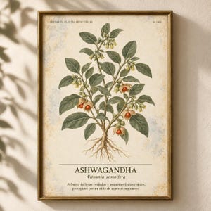 May include: A framed botanical print featuring an illustration of an Ashwagandha plant with green leaves, small yellow flowers, and orange berries. The text reads HERBARIO PLANTAS MEDICINALES, 34/40, ASHWAGANDHA, Withania somnifera, and descriptive text.