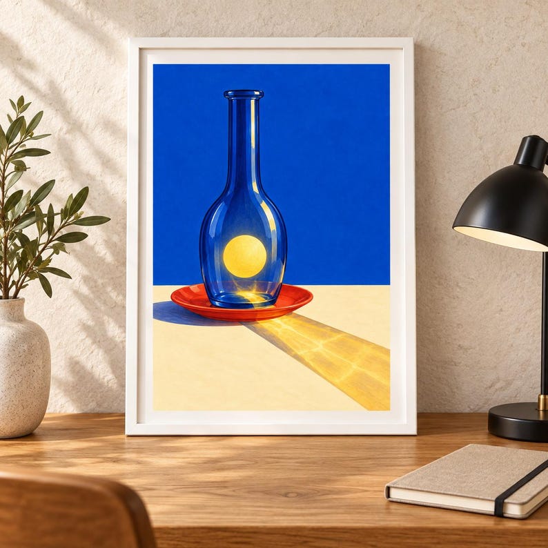 Puede incluir: Una l&aacute;mina enmarcada que muestra una botella de cristal azul sobre un platillo rojo. Dentro de la botella brilla una luz circular de color amarillo intenso. La escena presenta un fondo azul vibrante y una superficie clara con una sombra larga.