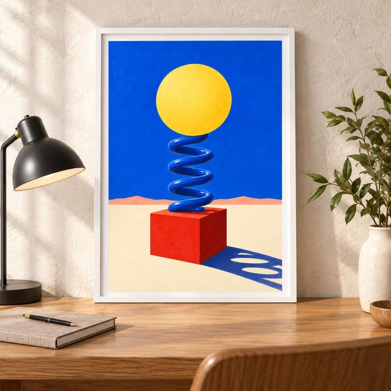 Puede incluir: Una l&aacute;mina art&iacute;stica enmarcada que muestra un paisaje surrealista con una esfera amarilla brillante sobre un muelle azul, situado encima de un cubo rojo. La escena se desarrolla bajo un cielo azul intenso y un suelo des&eacute;rtico beige claro.