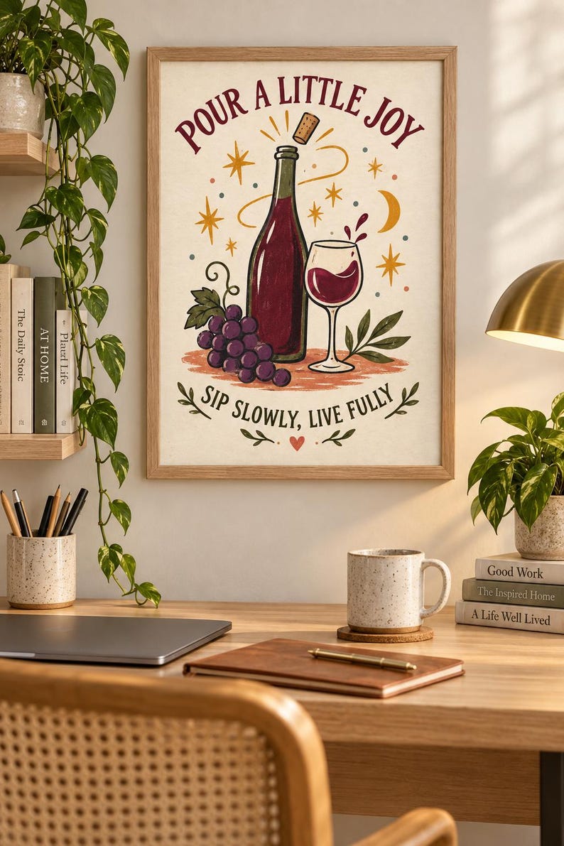 Puede incluir: Una l&aacute;mina de arte mural enmarcada que muestra una botella de vino, una copa de vino tinto y un racimo de uvas. El texto dice "POUR A LITTLE JOY" en la parte superior y "SIP SLOWLY, LIVE FULLY" en la inferior, con estrellas, luna y coraz&oacute;n.