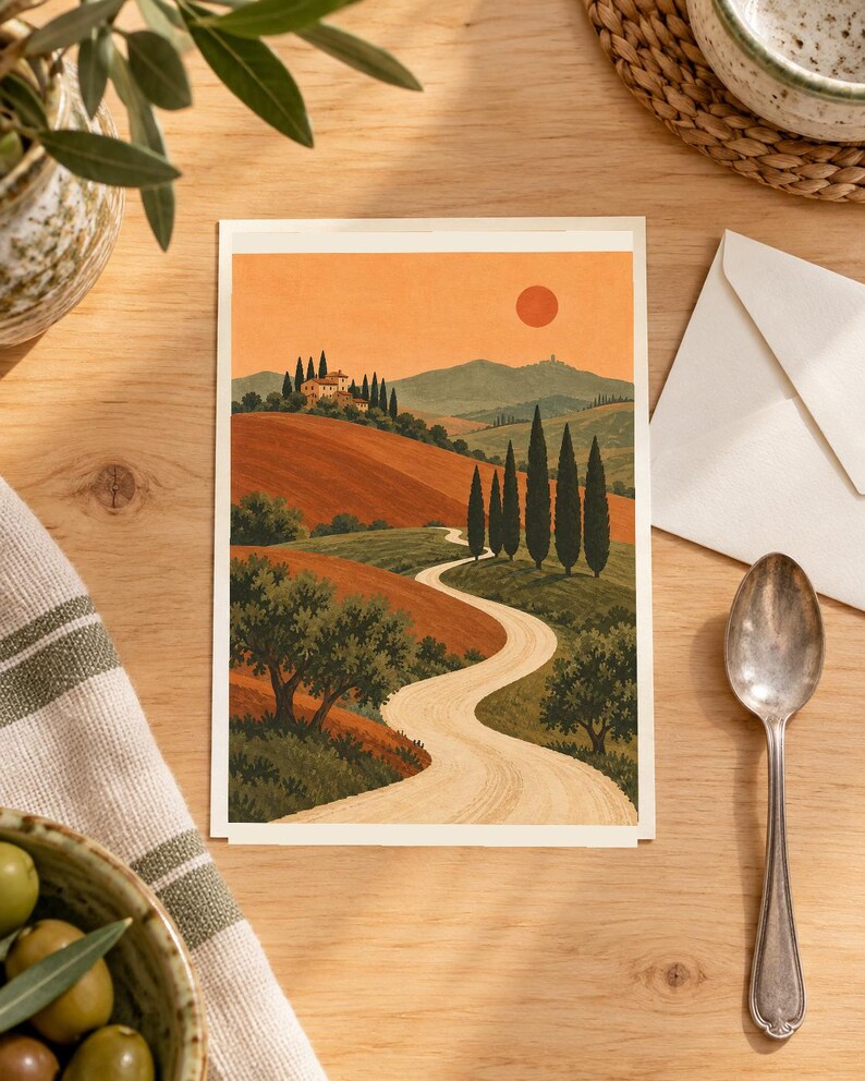 K&ouml;nnte beinhalten: Ein rechteckiger Kunstdruck mit einer Landschaftsillustration, die einen geschwungenen Feldweg durch h&uuml;gelige Landschaften, gr&uuml;ne Zypressen und Olivenb&auml;ume zeigt, der zu einer entfernten Villa unter einem orangefarbenen Himmel f&uuml;hrt.