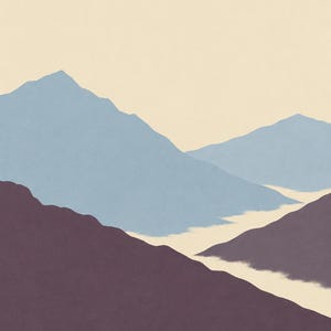 May include: A digital art print featuring a layered mountain landscape with soft blue peaks in the background and dark purple foreground slopes. A pale cream-colored sky sits above the mountains, and a hazy white mist flows through the valley.