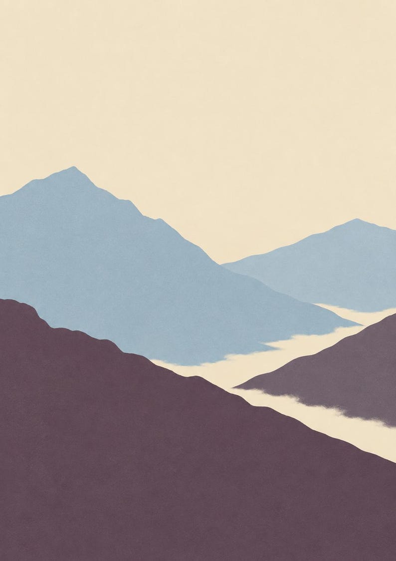May include: A digital art print featuring a layered mountain landscape with soft blue peaks in the background and dark purple foreground slopes. A pale cream-colored sky sits above the mountains, and a hazy white mist flows through the valley.