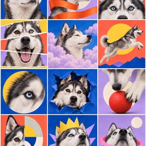 Puede incluir: Una cuadr&iacute;cula de doce paneles art&iacute;sticos que muestran a un Husky Siberiano en varias poses y entornos, incluyendo con gafas de sol azules, una corona y un anillo rosa, interactuando con una pelota roja y formas geom&eacute;tricas coloridas.