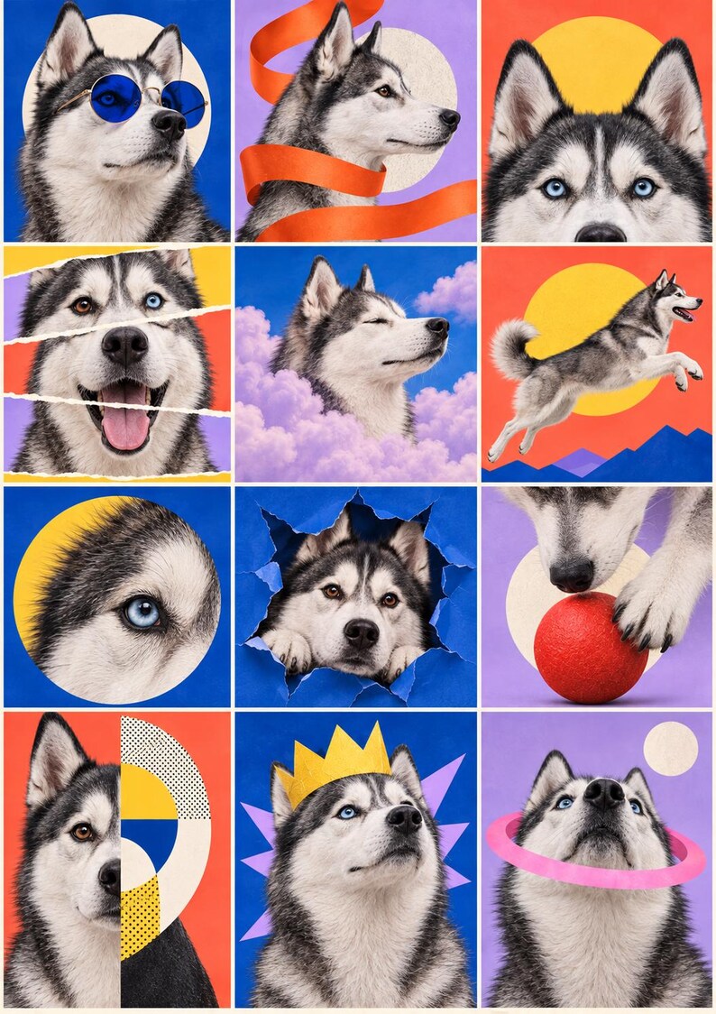 Puede incluir: Una cuadr&iacute;cula de doce paneles art&iacute;sticos que muestran a un Husky Siberiano en varias poses y entornos, incluyendo con gafas de sol azules, una corona y un anillo rosa, interactuando con una pelota roja y formas geom&eacute;tricas coloridas.