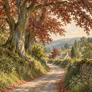 Puede incluir: Una pintura de paisaje que muestra un camino rural estrecho bordeado por grandes &aacute;rboles con hojas de oto&ntilde;o de color marr&oacute;n rojizo. Un muro de piedra recorre el lado derecho, mientras que una peque&ntilde;a casa de piedra se encuentra a lo lejos entre colinas verdes.