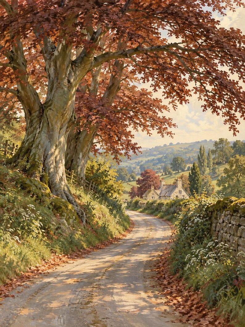 Puede incluir: Una pintura de paisaje que muestra un camino rural estrecho bordeado por grandes &aacute;rboles con hojas de oto&ntilde;o de color marr&oacute;n rojizo. Un muro de piedra recorre el lado derecho, mientras que una peque&ntilde;a casa de piedra se encuentra a lo lejos entre colinas verdes.
