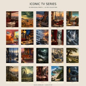 May include: A collection of 20 individual A2 PDF prints titled ICONIC TV SERIES, featuring digital illustrations of scenes from various television shows including The Sopranos, Breaking Bad, The Wire, Mad Men, Better Call Saul, and others.