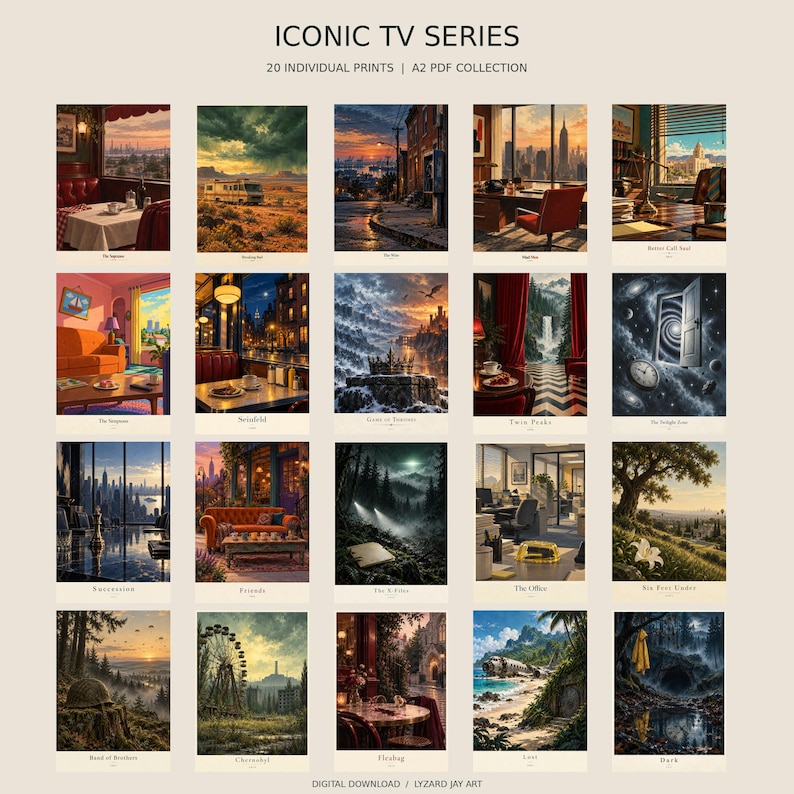 May include: A collection of 20 individual A2 PDF prints titled ICONIC TV SERIES, featuring digital illustrations of scenes from various television shows including The Sopranos, Breaking Bad, The Wire, Mad Men, Better Call Saul, and others.