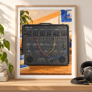 May include: A framed print of a black ARP 2600 analog synthesizer featuring a complex interface with numerous sliders, knobs, and patch points connected by red, yellow, and blue patch cables, displayed in a light wood frame on a desk.