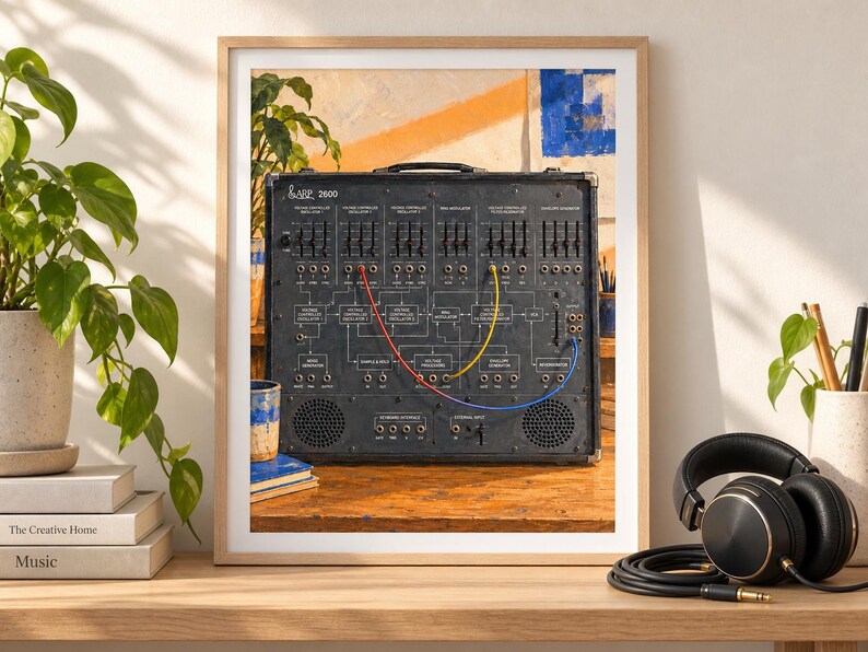 May include: A framed print of a black ARP 2600 analog synthesizer featuring a complex interface with numerous sliders, knobs, and patch points connected by red, yellow, and blue patch cables, displayed in a light wood frame on a desk.