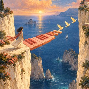 May include: A surreal landscape painting featuring a person in a white dress standing on a cliff edge, looking at a piano keyboard bridge extending over the ocean toward another cliff. Three white doves fly above the piano keys at sunset.