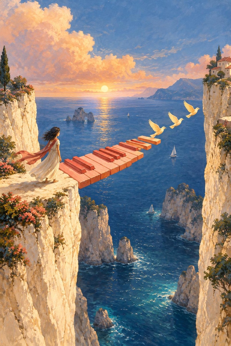 May include: A surreal landscape painting featuring a person in a white dress standing on a cliff edge, looking at a piano keyboard bridge extending over the ocean toward another cliff. Three white doves fly above the piano keys at sunset.
