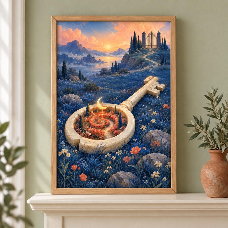 Pu&ograve; includere: Una stampa d'arte incorniciata raffigurante una grande chiave di pietra in un campo di fiori blu. L'anello della chiave contiene un sentiero a spirale sotto una luna crescente. Sullo sfondo, un sentiero conduce a un cancello lontano al tramonto.