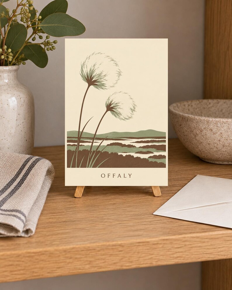 May include: A rectangular greeting card featuring a cream background with a landscape illustration of two tall, fluffy seed heads in the foreground and rolling hills in the distance. The color palette includes shades of sage green and brown. The text OFFALY is printed in black at the bottom.