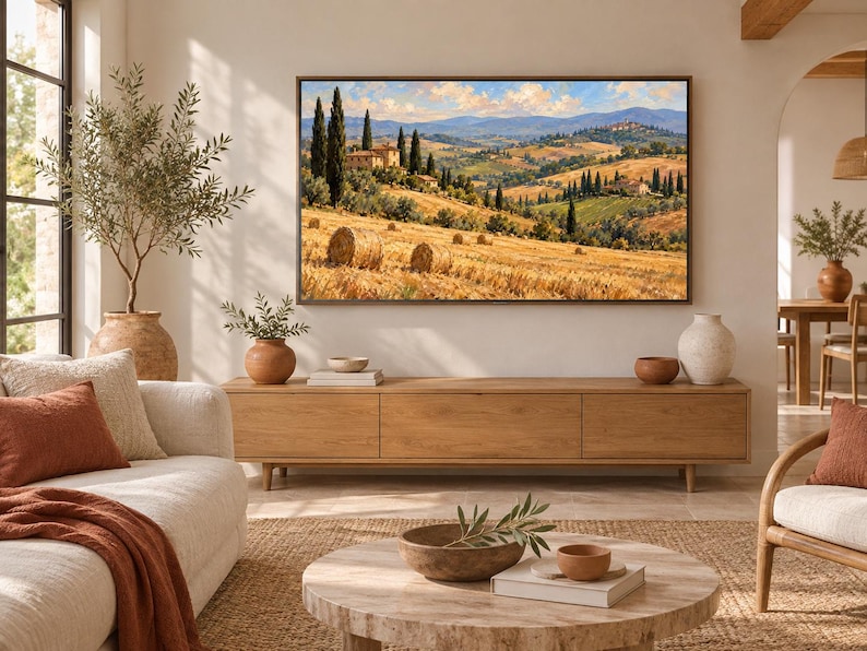 May include: A rectangular wall art print featuring a landscape of a golden wheat field with hay bales, cypress trees, and stone buildings under a blue sky, displayed in a thin dark frame mounted on a light-colored wall above a wooden console.