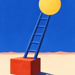 May include: A vibrant illustration featuring a bright blue ladder leaning against a large yellow circle, set atop a solid red cube. The scene is placed on a flat, light-colored ground against a deep blue sky, with a long shadow cast by the ladder.