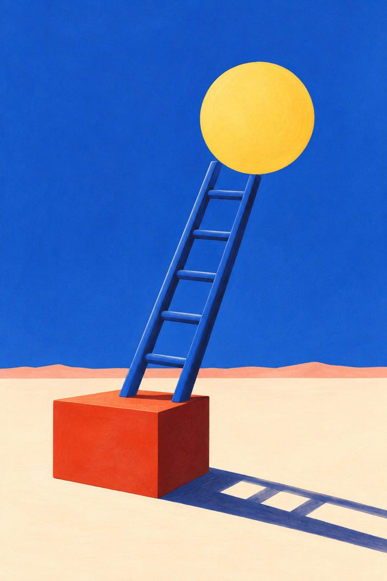 May include: A vibrant illustration featuring a bright blue ladder leaning against a large yellow circle, set atop a solid red cube. The scene is placed on a flat, light-colored ground against a deep blue sky, with a long shadow cast by the ladder.