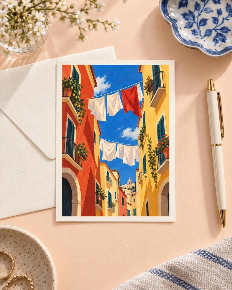Op de afbeelding: Een rechthoekige kunstdruk met een levendig mediterraan straatbeeld met hoge oranje en gele gebouwen. Wasgoed hangt aan lijnen tussen de structuren tegen een helderblauwe lucht. Potplanten sieren balkons en een verre koepel is zichtbaar.