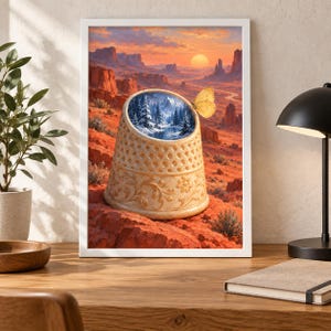 May include: A framed wall art print depicting a beige thimble sitting in a desert landscape at sunset. The interior of the thimble reveals a snowy mountain forest scene, and a yellow butterfly rests on the rim of the thimble.