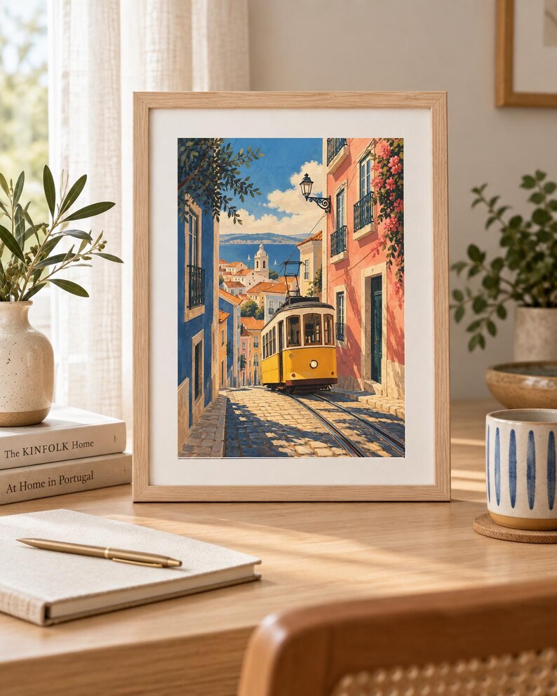 K&ouml;nnte beinhalten: Ein gerahmter Kunstdruck zeigt eine gelbe Stra&szlig;enbahn, die eine gepflasterte Stra&szlig;e entlangf&auml;hrt, ges&auml;umt von blauen und rosafarbenen Geb&auml;uden, unter einem klaren blauen Himmel mit Blick auf das Meer.
